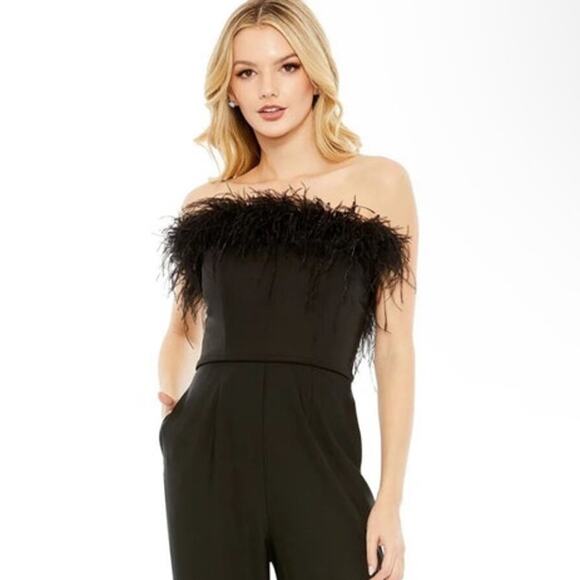Mac Duggal NEW Size 14 68146 Black Feather Neck Sleeveless Strapless Jumpsuit - Picture 3 of 7
